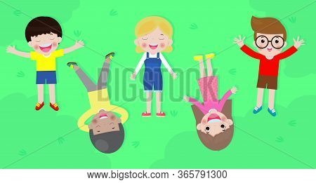 Group Children Lying On Green Grass In Park And Relaxing. Boys And Girls Sleep On Meadow Nature.
Kid