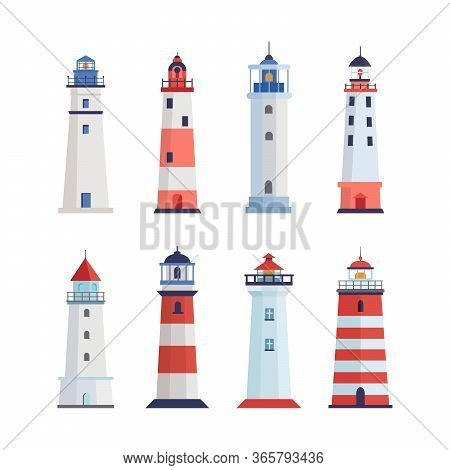 Sea Lighthouse Set. A Tower With A Floodlight On Coast For Maritime Navigation Red With White Stripe