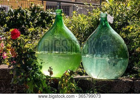 Demijohn Wine Bottles At Vineyard Of The Prosecco Sparkling Wine Region In Valdobbiadene, Italy.