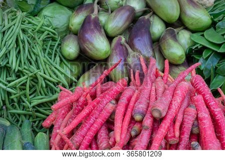 Beans, Carrots And Brinjals - Vegetables For Sale In A Market In Territy Bazar, Kolkata, West Bengal