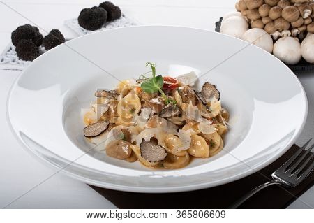 Orecchiette Pasta With Ceps, Cherry Tomatoes, Ricotta Gratin, Fresh Truffles And Wild Mushrooms. Ore