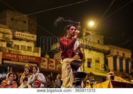 Varanasi, India - Dec 25, 2019: Ganga Aarti On The Dashashwamedh Ghat At Varanasi Uttar Pradesh Indi