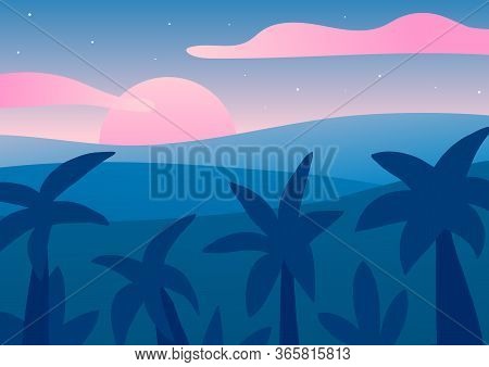 Tropical Sunrise With Pastel Pink, Blue. Cloudy Cold Palette Morning With Palms, Jungle. Vector 2d L