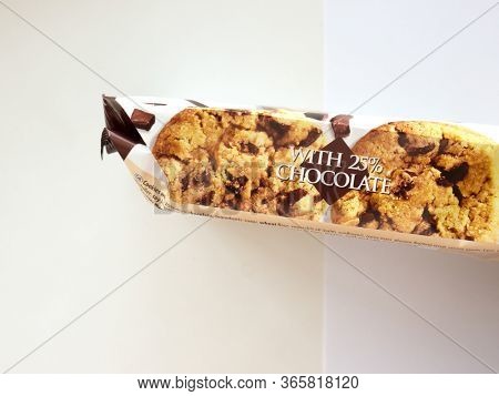 GOMEL, BELARUS - MAY 7, 2020: Cookies Merba homemade cookies with pieces of chocolate 