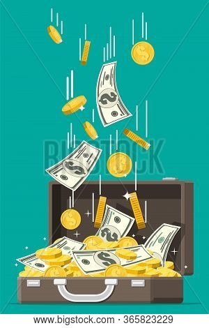 Open Leather Suitcase Full Of Money. Stacks Of Dollar Banknotes And Golden Coins In Case. Symbol Of 