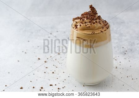 Dalgona Coffee In Glass Decorated With Instant Coffee. Dalgona Coffee, A Trendy Fluffy Creamy Whippe