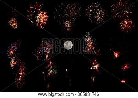 Set Of Colorful Fireworks And Full Moom Isolated On Black Background