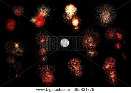 Set Of Colorful Fireworks And Full Moom Isolated On Black Background