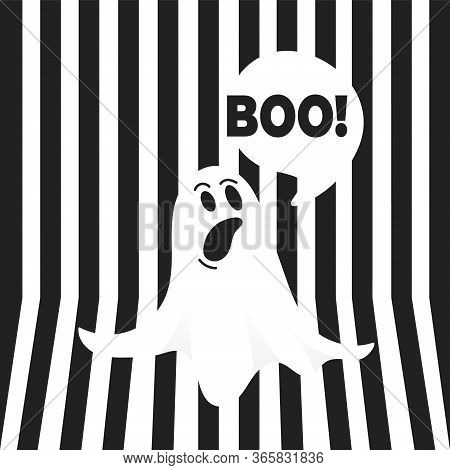 Boo Ghost Halloween Message Concept. Flying Halloween Funny Spooky Ghost Character Say Boo With Text