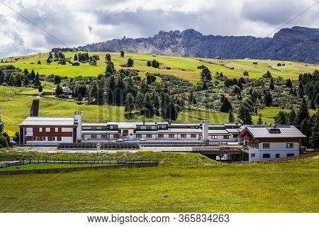 Alpe Di Siusi, Italy - August 14, 2019: View Of Compaccio On A Summer Day