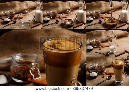 Dalgona Coffee. Collage Of Step By Step Cooking. The New Korean Trend In Drinks.