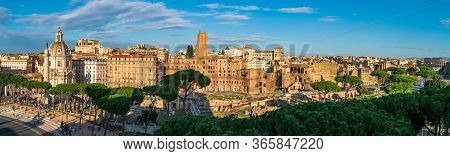 Panorama Of Ancient Ruins Of Trajan Forum Or Foro Traiano In Rome, Italy, View From Above.