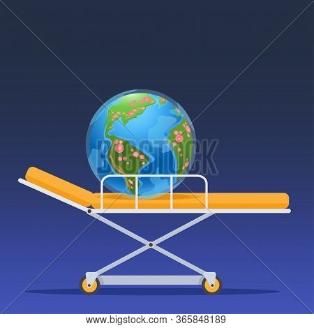 Vector Stock Illustration. Globe With Disaster Epicenters On A Medical Bed. Ambulance For The Earth.