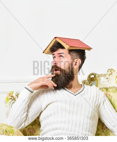 Lose Mind Concept. Macho Sits With Open Book On Head, Like Roof. Guy, Teacher Overdid With Teaching,