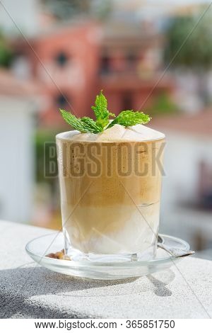 Trendy Dalgona Coffee - Corean, Indian Phenti Hui Drink. Iced Frothy Whipped Ultra Fluffy Texture. V