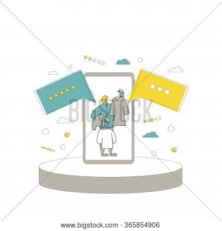 Fashion Blogger. Person Showing Casual Dresses On Phone Screeen. Influencer With Trendy Jackets. Vec