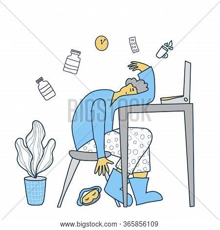 Insomnia Concept. Person Sitting At The Table And Sleeping. Exhausted Character. Vector Color Illust