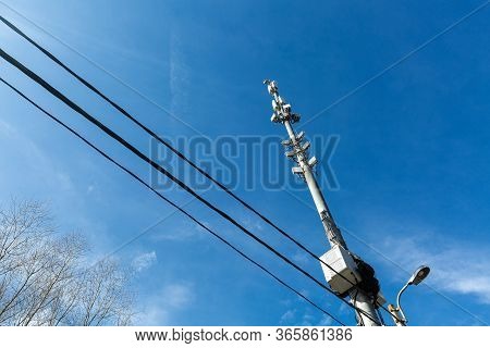 Telecommunication Tower With Microwave Equipment, Radio Panel Antennas, Outdoor Remote Radio Units, 