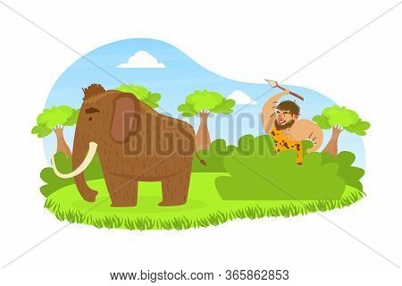 Prehistoric Caveman Sitting In Ambush With Spear, Primitive Man Hunting For Mammoth On Stone Age Nat