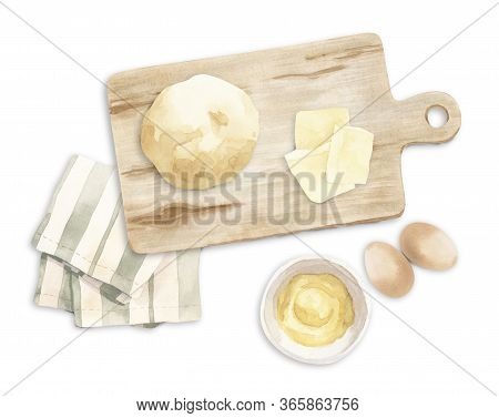 Watercolor Illustration About Baking - Wooden Cutting Board With Dough