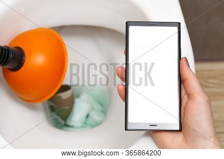 Cleaning Service Concept, Woman Searching For Help In Smartphone. Mockup. Do Not Throw Foreign Objec