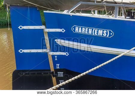 Stern Of A Ship With The Name Of The City In Haren, Germany