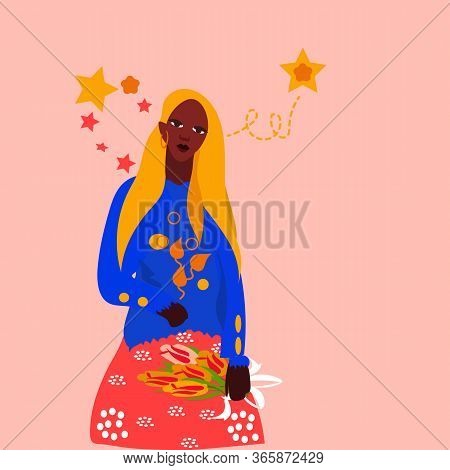 Romantic Date. Young Female Holding Tulips. Love. Flat Editable Vector Illustration, Clip Art, Deami