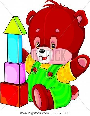 Toys, Bear And Cubes, Bear Plays With Cubes, Isolated Object On A White Background, Vector Illustrat
