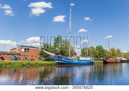 Haren, Germany - May 09, 2020: Blue Sailing Ship At The Canal In Haren, Germany
