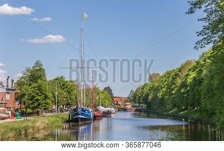 Haren, Germany - May 09, 2020: Canal With Historic Ships In The Center Of Haren, Germany