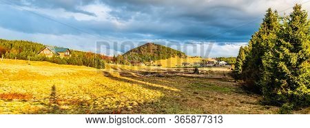 Bukovec Mountain Above Jizerka Village At Sunset Time. Spring In Jizera Mountains, Czech Republic.