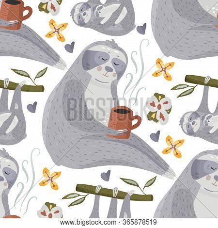Cute Sloth Drinking Tea Or Coffee. Cartoon Vector Seamless Pattern In A Flat Style. Slow Lazy Animal