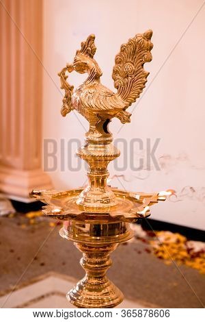 Traditional South Indian Brass Oil Lamp Nilavilakku . During Events Like Housewarming, Marriage Etc.