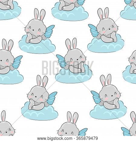 Cute Hand Drawn Bunny Sitting On A Cloud Pattern Seamless. Print For Childrens Textiles, Poster Desi