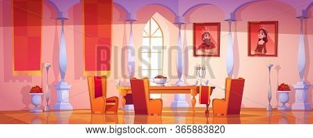 Dining Room Interior In Royal Castle With Feast Table, Candles And Portraits Of King And Queen On Wa