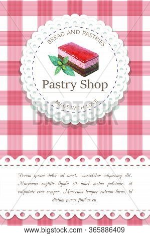 Bakery, Pastry Shop Label, Logo, Flyer Template With Cake Illustration And Lettering. Bakeshop Backg
