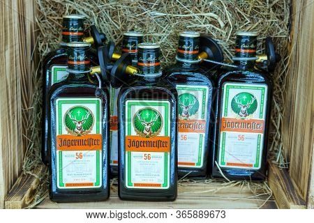 Tyumen, Russia-may 04, 2020: Jagermeister Is A Strong Alcoholic. Jagermeister Made With 56 Herbs And