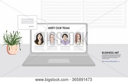 Remote Office Team Members, Support Business Workers Landing Page. Happy Young Diversity Cartoon Cha