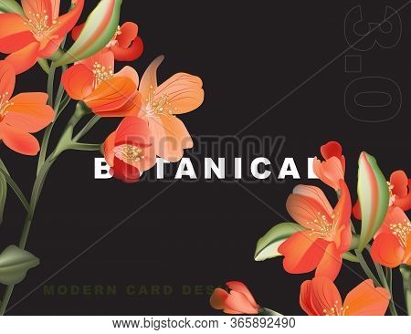 Macro Astromelia Card With Exotic Green Leaves And Contrast Orange Flowers. Tropical Wedding Concept