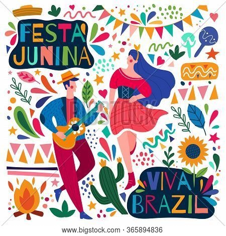 Happy Colorful Festa Junina Viva Brazil Poster Design With A Young Man Playing Guitar And Woman Danc