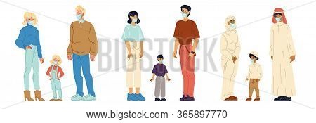 Multinational People Wearing Respiratory Masks Set. Family Having Child Different Nationalities. Cau