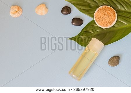 Spa Cosmetics Set. Copyspace For Text. Flatlay On Pink Background.
