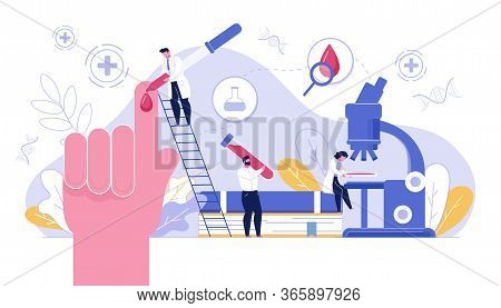 Tiny Doctor Making Blood Laboratory Analysis Medical Test Experiment. Human Hand, Glassware, Microsc