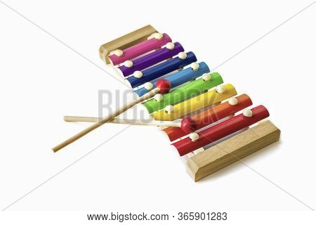Rainbow Colored Wooden Toy 8 Tone Xylophone Glockenspiel Isolated On White Background. Toy Glockensp