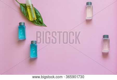 Spa Cosmetics Set. Copyspace For Text. Flatlay On Pink Background.
