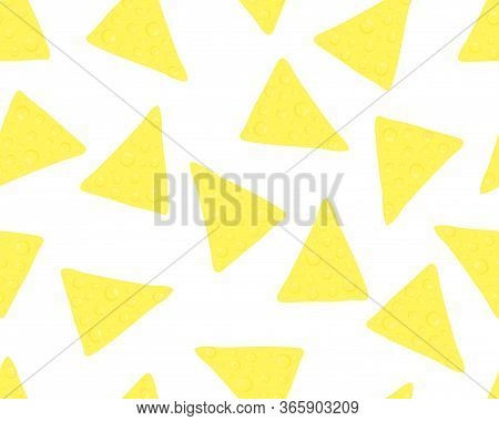 Seamless Pattern Of Maxican Food. Yellow Nachos Of Corn, Pepper, Sauce, Basil. As Print For Fabric T