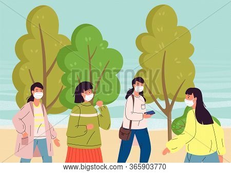 Vector Illustration Of People Dont Adhere To Quarantine And Self-isolation And Walking In Park In Fa