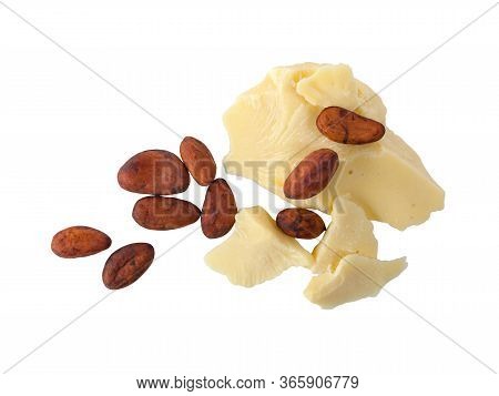 Pieces Of Natural Cocoa Butter With Cocoa Beans Isolated On White 
Background. Macro Photo