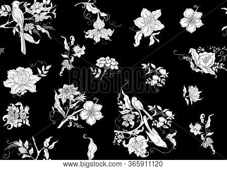 Fantasy Flowers And Birds In Retro, Vintage, Jacobean Embroidery Style. Seamless Pattern, Background