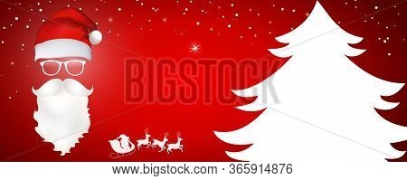 Red Christmas Web Banner. Face Santa Claus With Hat - Glasses - Beard And Mustache. Holiday Icons. C